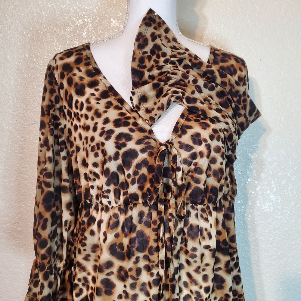 Cheetah Print Babydoll Empire Waist Bell Ruffle 3/4 Sleeves Lane Bryant Sz 14/16